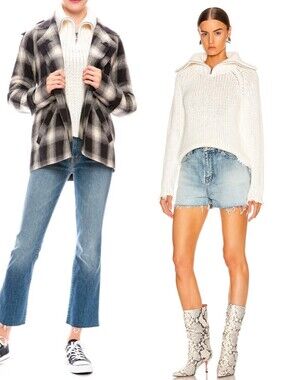 RTA White Dom Heavyweight Knit Pullover Half Zip Distressed Sweater